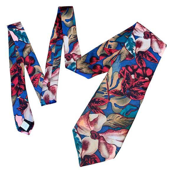 Oscar de la Renta VTG Neck Tie Tropical Floral Silk Vintage - Picture 1 of 5